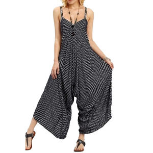 Womens XXL Black & White Abstract Stripe Sleeveless Wide Leg V-neck Jumpsuit